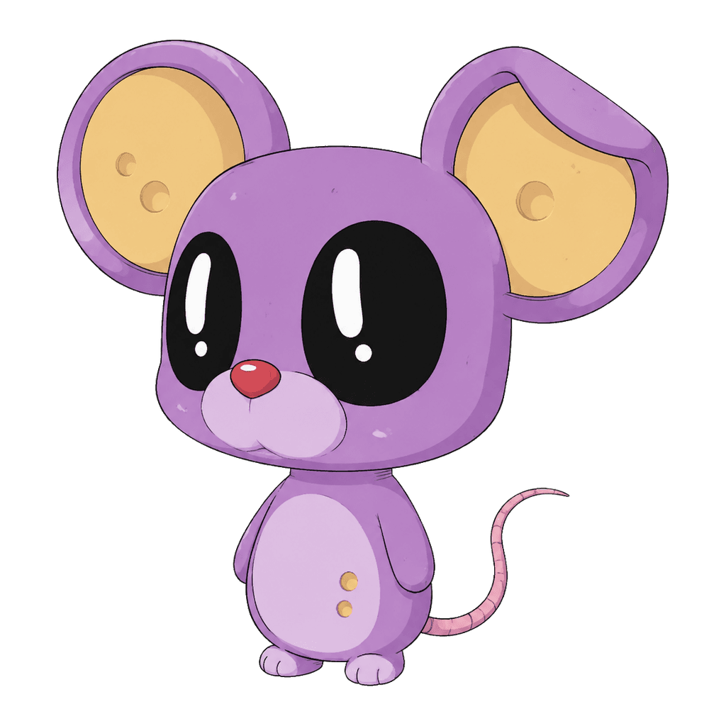 The purple saycheese mouse in a relaxed, arms-down pose